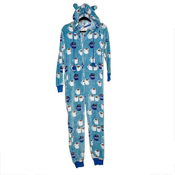 Munki Munki Womens Fleece One Piece Pajamas Hooded Cocoa Cup Print Cozy Lounge - Picture 3 of 14